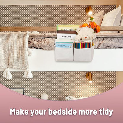 Bedside Storage Organizer 5 Pockets with 4 Hooks Hanging Storage Bag for Headboards/Bunk Bed (White)