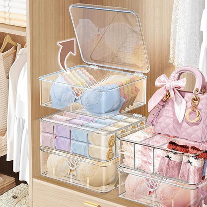 DILIBRA Socks Underwear Drawer Organizer for Closet, 16 Compartment Removable Divided Plastic Clear Sock Storage Box with Lid, Underwear Storage Tie Organizer Box for Bra Socks Ties Scarf Tea Bag