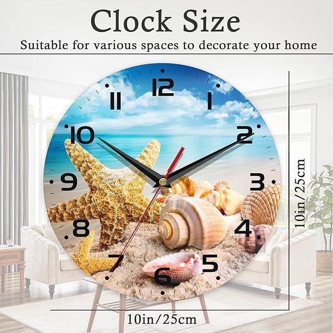 Wall Clock, 10 Inch Silent Non-Ticking Home Kitchen Decor, Battery Operated for Bathroom Bedroom Living Room Office(Starfish Seashells Beach)
