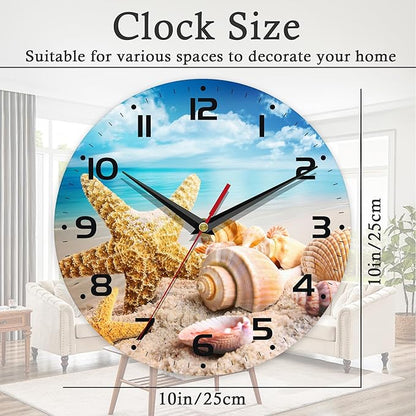 Wall Clock, 10 Inch Silent Non-Ticking Home Kitchen Decor, Battery Operated for Bathroom Bedroom Living Room Office(Starfish Seashells Beach)