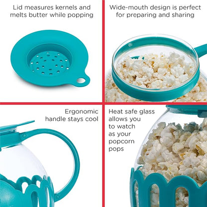 Ecolution Patented Micro-Pop Microwave Popcorn Popper with Temperature Safe Glass,3-in-1 Lid Measures Kernels and Melts Butter,Made Without BPA,Dishwasher Safe,3-Quart,Teal,(Pack of 4)