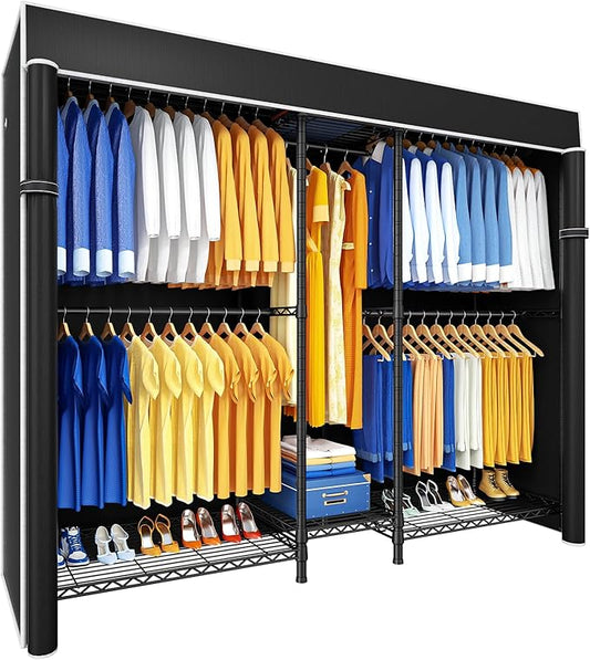 Ulif E12C Pro Heavy Duty Closet Organizer System，Freestanding Clothing Rack, Adjustable Garment Rack 71" W x 16" D x 76.5" H Holds 960 lbs, Black Rack with Black Dustproof Cover