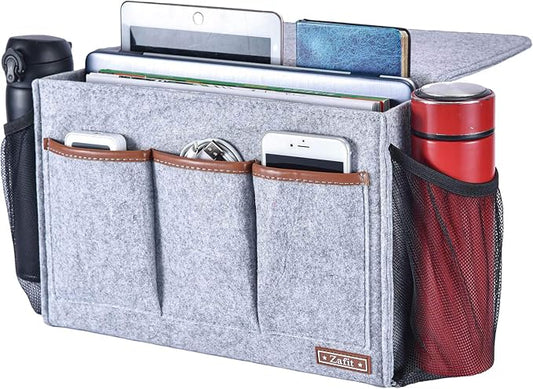 Zafit Bedside Caddy, Large Size Storage Organizer with 8 Pockets - Perfect for Magazine, Remotes, Phone (13.4'' x 18.1'', Light Grey)