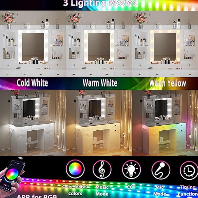 Vanity Desk with Mirror and Lights, White Vanity with Lighted Mirror & Power Outlet and 7 Drawers, 3 Color Modes Adjustable, Makeup Dressing Table Set with Lights for Girls Women