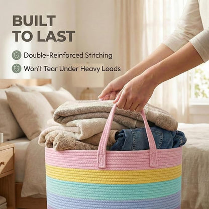 JMvicyroam 65L Extra Large Blanket Basket for Living Room - Woven Cotton Rope Laundry Hamper with Reinforced Handles - Storage Bin for Pillows, Comforters & Toys - Machine Washable,Rainbow