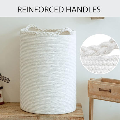 72L Woven Laundry Hamper,Cotton Tall Wicker Laundry Basket for Blankets,Clothes,Pillows,Toys,Shoes Large Laundry Bin White
