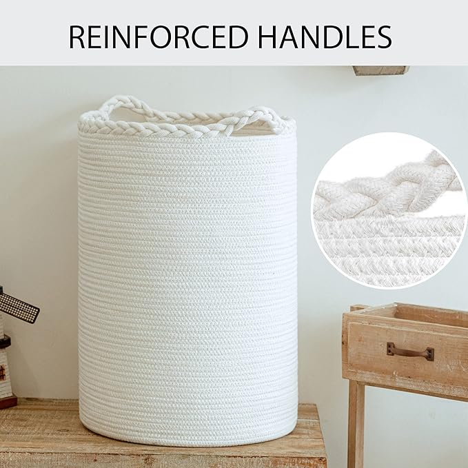 Homlikelan 58L Woven Laundry Basket,Cotton Tall Laundry Hamper for Blankets,Clothes,Pillows,Toys,Shoes Large Laundry Bin White