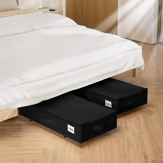 Vincona Under Bed Storage with Wheels, Rolling Under Bed Storage Containers with Label Holders for Clothes, Shoes and Blankets, Underbed Shoe Organizer with Cover, 2 Pack Black (30.71x15.7x7.28 in)
