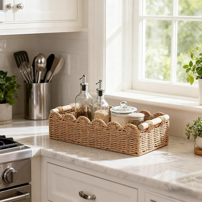 Khaki Scalloped Edge Rope Baskets with Wood Handle, Set of 2 – Neutral Decorative Storage Bins for Shelf, Closet, Nursery & Home Organization