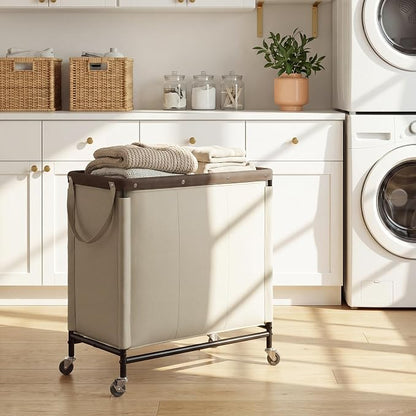 StorageWorks 3 Section Laundry Hamper, Rolling Laundry Cart with Wheels and Handles, Laundry Room Double Sorter for Organizer and Storage, 31.7 Gal(120L), Light Khaki