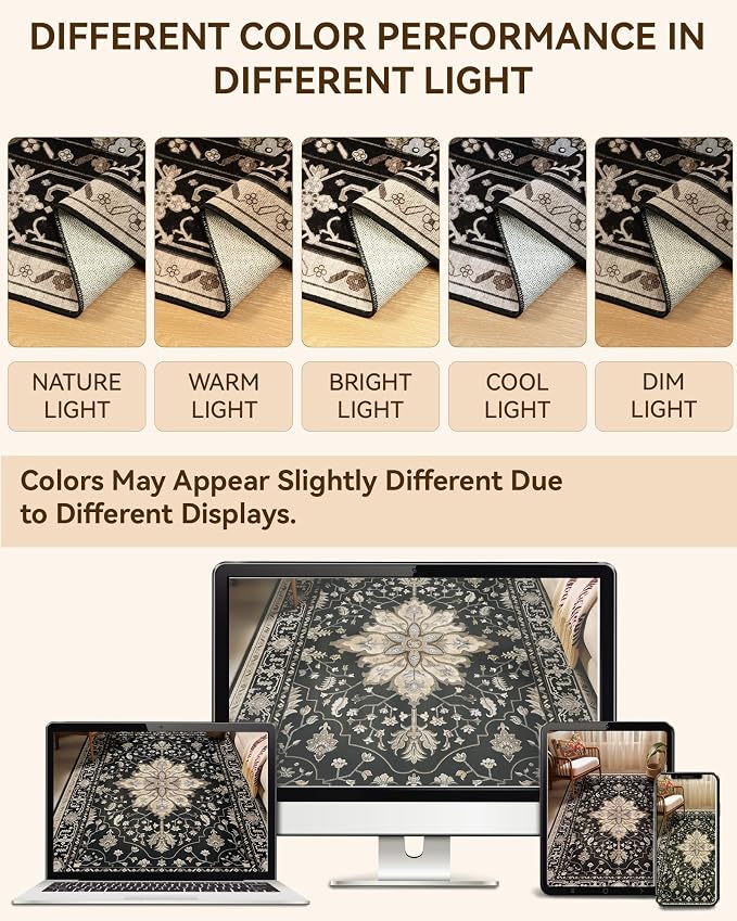 RELEANY Area Rugs Runner 2'x10' Washable Non-Slip, Floral Vintage Distress Medallion Carpet for Kitchen Hallway Bedroom Beside Laundry Room Bathroom, Black Brown Neutral Dark Tan