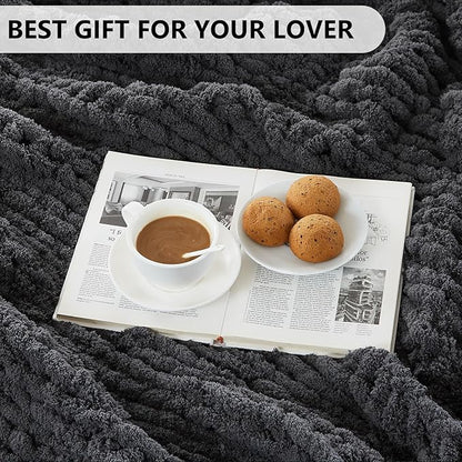 L'AGRATY Chunky Knit Blanket Throw: 60''x80'' Chenille Chunky Knitted Throw Blankets for Twin Bed Couch - Handmade Thick Cable Knit Blanket - Large Crochet Rope Blankets for Home Decor(Dark Grey)