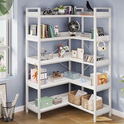 Rolanstar Bookshelf 5 Tier with 4 Hooks, Reversible Corner Bookshelf, 65" Industrial Wooden Bookcase with Open Shelves and Metal Frame for Living Room, Bedroom, Home Office, White