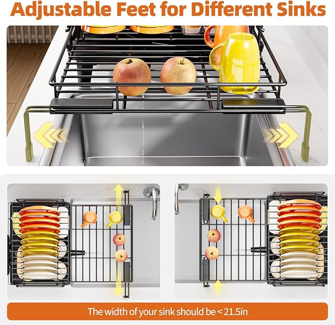Urackify Dish Drying Rack - Large Dish Racks for Kitchen Counter, Extendable Sink Dish Drainer, Rustproof Dish Strainer with Utensil Holder, 2 Tier Black