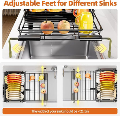 Urackify Dish Drying Rack - Large Dish Racks for Kitchen Counter, Extendable Sink Dish Drainer, Rustproof Dish Strainer with Utensil Holder, 2 Tier Black