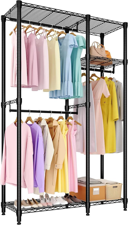 Heavy Duty Clothes Rack, 3-Tier Clothing Rack with Shelves, Freestanding Closet Organizer and Storage System with Hanger Rods for Bedroom & Laundry Room, Metal Garment Racks, Black