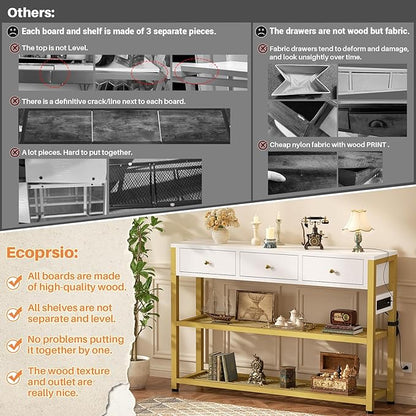 Ecoprsio 47'' Entryway Table with Outlets and USB Ports, Console Table with 3 Drawers, Sofa Table Narrow Long with Storage Shelves for Living Room, Couch, Hallway, Foyer, White and Golden