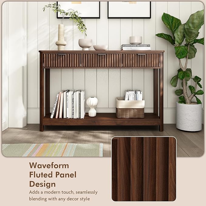 Set of 2 Console Table with Drawers, Modern 47.1" Entryway Table with Storage Shelf, Boho Narrow Skinny Behind Couch Wood Sofa Table for Living Room Hallway Entrance Foyer,Walnut