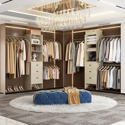 Besiost 96'' Closet Organizer System with 3 Hanging Rods, 8FT Closet Organizers and Storage with 3 Wooden Drawers, Built in Closet Organizer Systems, Adjustable Walk-in Wardrobe from 2-8FT, White Oak