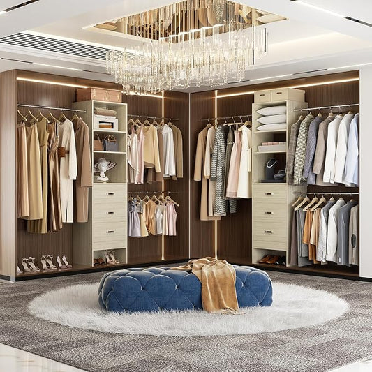 Besiost 96'' Closet Organizer System with 3 Hanging Rods, 8FT Closet Organizers and Storage with 3 Wooden Drawers, Built in Closet Organizer Systems, Adjustable Walk-in Wardrobe from 2-8FT, White Oak