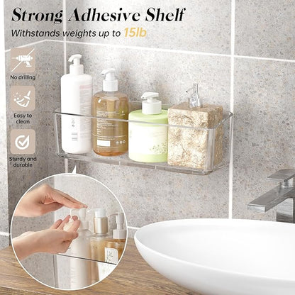 2 Pcs Clear Shower Shelf, Large Bathroom Wall Mounted Shower Caddy, No Drill Self Adhesive Bathroom Organizer with Self Adhesive Tape