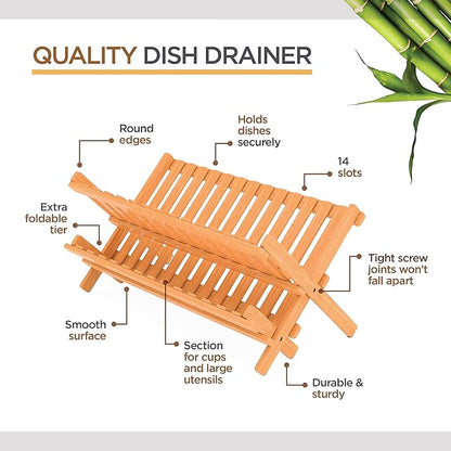 Bambüsi Dish Drying Rack - Collapsible Bamboo 2 Tier Foldable Wooden Dish Drainer for Countertop, Plates Cups Bowls Utensils - Eco Friendly Folding Bamboo Dish Rack for Kitchen Apartment RV Home Small