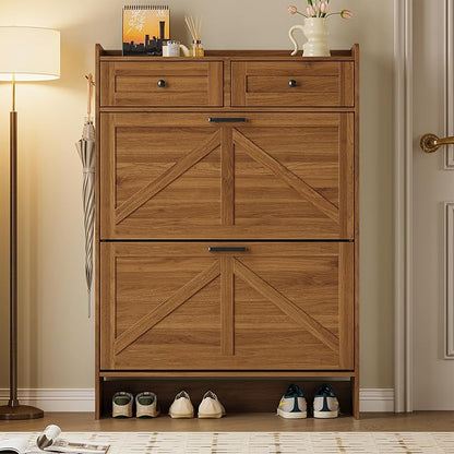 Shoe Storage Cabinet for Entryway, Farmhouse Narrow Shoe Cabinet with 2 Flip Drawers & Top Drawers, Adjustable Shelves & Hooks, Freestanding Hidden Rack Organizer for Hallway, Foyer