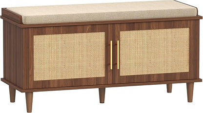 Akxomel Rattan Shoe Storage Bench with Cushion, 2-Tier Entryway Bench with Adjustable Shelves and 2 Doors, 15" D x 39.4" W x 20" H, Solid Wood Legs, for Hallway, Living Room, Bedroom, Walnut