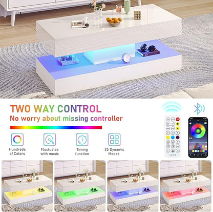 Uspeedy 47.3in Large High Glossy LED Coffee Table with 2 Storage Drawers,Black/White Modern Coffee Tables for Living Room,Living Room Tables,APP LED Lights (White)