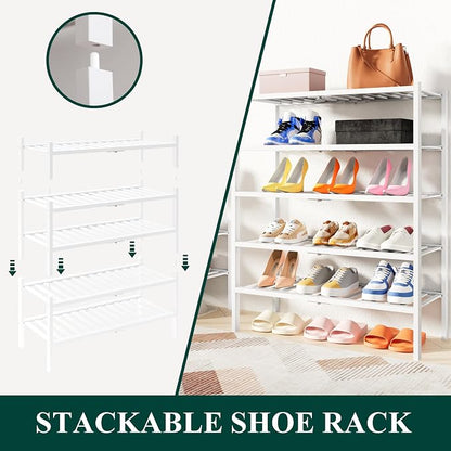 Smiry Bamboo Shoe Rack, 2 Tier Free Standing Wooden Shoe Organizer, Stackable Wood Shoe Storage Shelf for Closet, Entryway, 14 Vertical Slats, One-piece Heavy-Duty Legs, 26.8"x11"x13", White