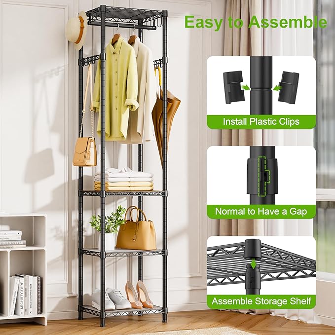 R1 Clothes Rack Heavy Duty, Clothing Racks for Hanging Clothes, Garment Rack with Storage Shelves, Small Coat Rack Freestanding for Entryway, Hallway, Bedroom, Max Load 448 Lbs, Black