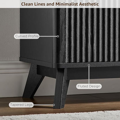 OKD 70" Mid Century Modern Fluted TV Stand, Entertainment Center, Sideboard, Media Console for Living Room with 2 Soft Close Door/Adjustable Shelves (Black Oak)