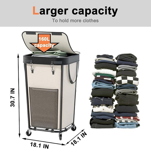 Laundry Basket with Lid and Wheels Rolling Laundry Basket, Removable Laundry Bag Design for Daily Use in Bathrooms and Laundry Rooms (Cover White, 160L)