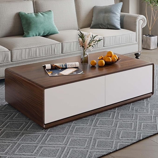 POVISON Modern Coffee Table with 4-Drawer, 51 inch Rectangle Coffee Table for Living Room,Full-Assembled, Walnut and White