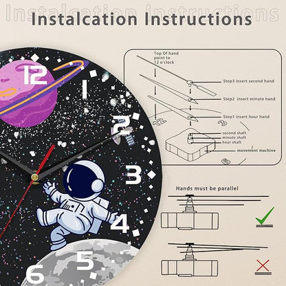 Cartoon Astronaut Wall Clock - Moon Contemporary Home Decor, Easy to Read for Living Room, Bedroom, Bathroom and Kitchen, 10 Inch