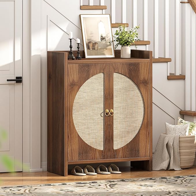 Shoe Cabinet Storage for Entryway - Rattan Entry Way Shoe Storage Cabinet with Adjustable Shelves, Wood Shoe Organizer Cabinet, Accent Cabinet with Doors for Entrance Hallway Living Room Foyer