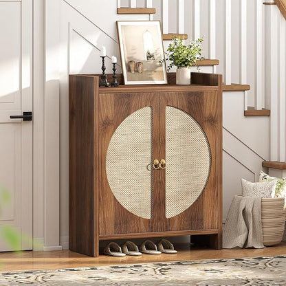 Shoe Cabinet Storage for Entryway - Rattan Entry Way Shoe Storage Cabinet with Adjustable Shelves, Wood Shoe Organizer Cabinet, Accent Cabinet with Doors for Entrance Hallway Living Room Foyer