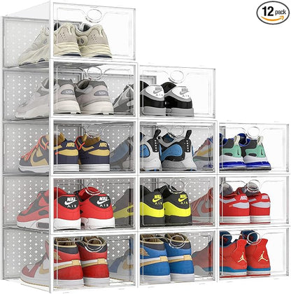Pinkpum XXL Larger Shoe Storage Boxes Fit Size 14, Clear Plastic Stackable Shoe Organizer 12 Pack Sneaker Storage for Sneakerheads Shoe Containers, 6.8“ Height for High Shoes