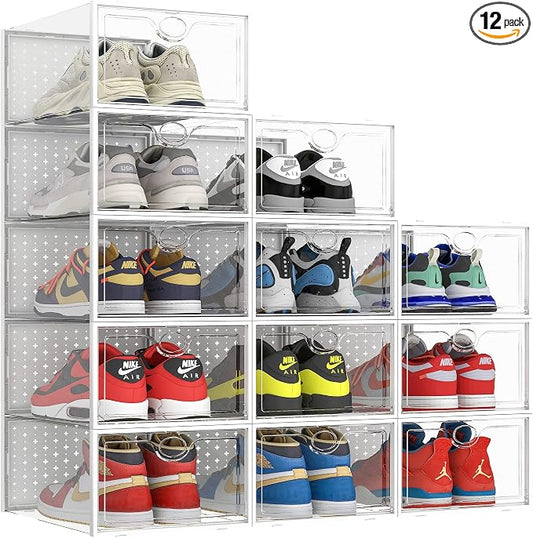 Pinkpum XXL Larger Shoe Storage Boxes Fit Size 14, Clear Plastic Stackable Shoe Organizer 12 Pack Sneaker Storage for Sneakerheads Shoe Containers, 6.8“ Height for High Shoes