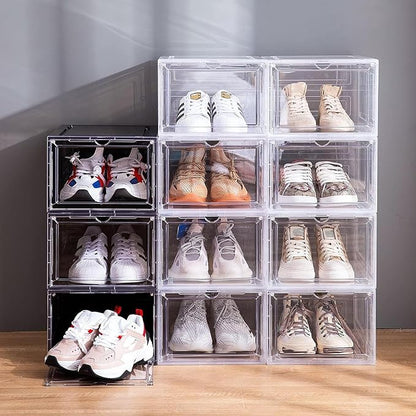 Attelite Shoe Box,Set of 6,Stackable Plastic Clear Shoe Box Organizer with Magnetic Door,Shoe Storage Box Thicken Sturdy,Easy Assembly,Fit up to US Size 12,Black
