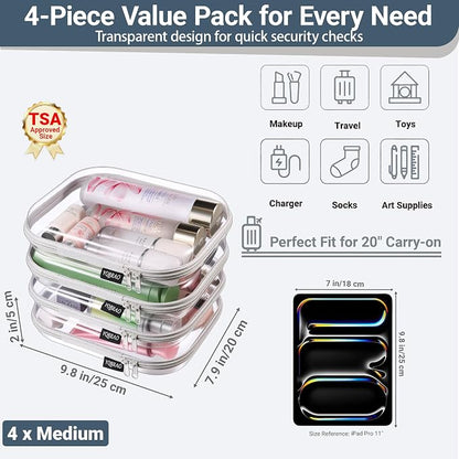 YQBRAO 4-Pack Clear Diaper Bag Organizer Pouches, 1.2mm Ultra-Thick PET Travel Pouches for Toiletries & Makeup, Rigid Self-Standing Bags with YKK Zippers, TSA Approved (Gray)