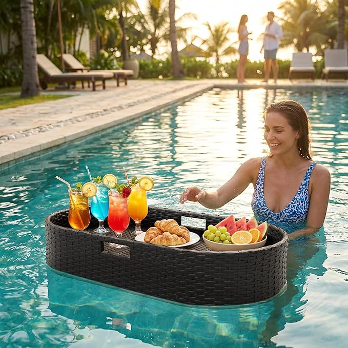 Greesum Wicker Pool Floating Tray, 38”x20” Oval Portable Serving Tray for Holding Fruits, Drinks & Essentials, Suitable for Pool Activities, Bathtub, Hot Tub, Beach Parties, Black