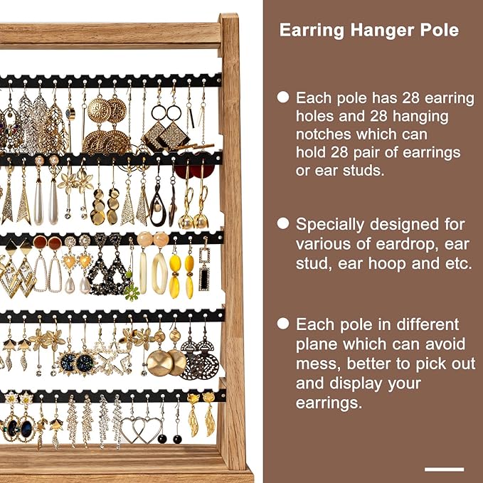Poyilooo Earring Holder Organizer, Rustic Wood Earring Holder Stand, 5 Layer Jewelry Holder Organizer with 270 Earring Tree Holes Display Rack for Stud Earings & Hoop Earrings, Gifts for Women