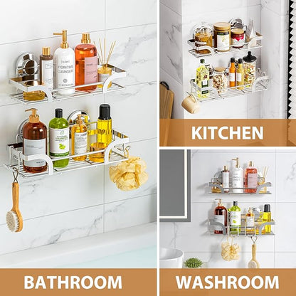 LEVERLOC Shower Caddy Suction Cup 2 Pack, Shower Shelf for Inside, Large Capacity Bathroom Organizers and Storage, Rustproof & Waterproof Metal Bath Basket, Silver