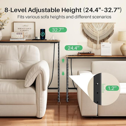Kitstorack 2-Pack Rustic Brown Console Table, 7.9" Deep Panel, Adjustable Height (25"-33") & Built-in Power Outlets, Behind Sofa Couch, Includes 4.9' Power Cord - 79" L