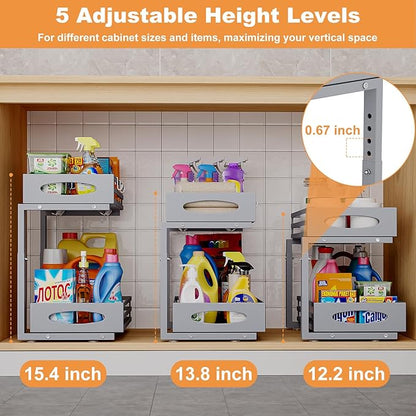 Under Sink Organizer, 2 Tier Under Sink Organizers and Storage, Adjustable Height, Slide out Metal Cabinet Organizers, Pull out Cabinet Storage Drawer Shelf for Kitchen Bathroom Gray 2Pack