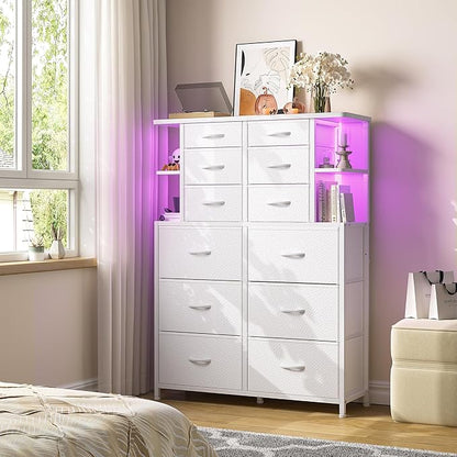 EnHomee White Dresser for Bedroom with LED Lights and 12 Drawers Dresser with 4 Open Storage Shelves, Fabric Dressers & Chests of Drawers, Metal Frame, 45.2" H x 35.4" W x 11.8" D
