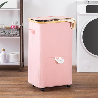 Vincona Laundry Basket with Wheels, Tall Dirty Clothes Hamper on Wheels, Rolling Laundry Hamper with lid for Dorm, Bedroom and Bathroom (Pink, 100L)