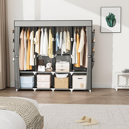 Portable Closet for Hanging Clothes, 67 Inch Wide Portable Wardrobe Closet with Cover, 4 Hanging Rod, Storage Shelves and Side Pockets, Large Free Standing Closet for Bedroom, Grey
