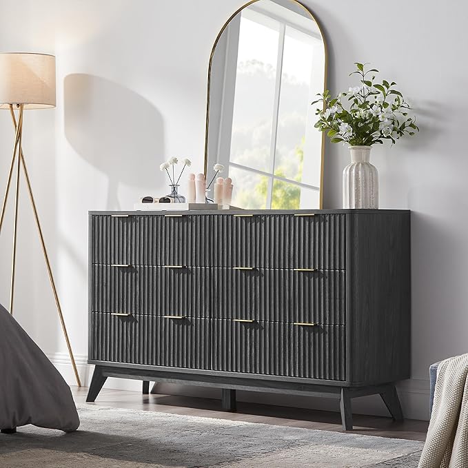 T4TREAM Fluted 6 Drawers Dresser, 54" Wide Modern Chest of Drawers, Curved Profile Design, Dresser TV Stand, Wood Drawer Organizer for Bedroom, Living Room, Hallway, Dark Alder